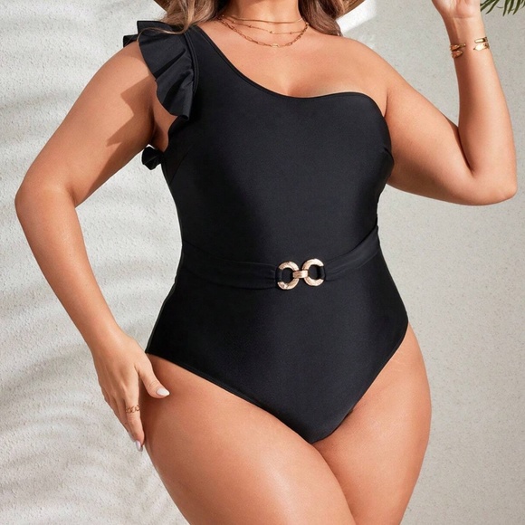 Plus One Shoulder Ruffle Sleeve Belted Monokini One Piece Swimsuit - Picture 15 of 15